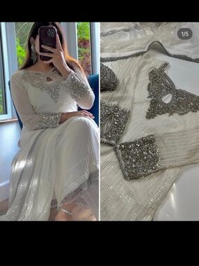 Elegant White Beaded Long-Sleeve Dress with Silver Embellishment